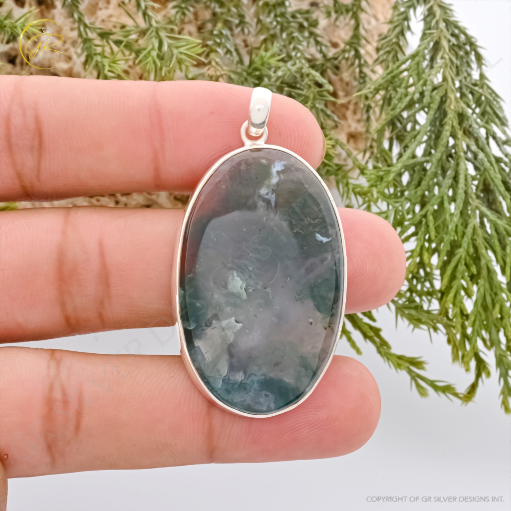 Natural Moss Agate Gemstone Sterling Silver Pendant Necklace Jewelry