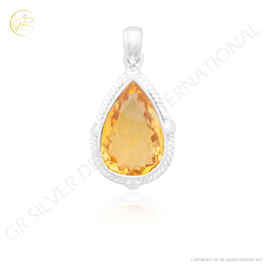 Natural Citrine November Birthstone Teardrop Sterling Silver Pendant