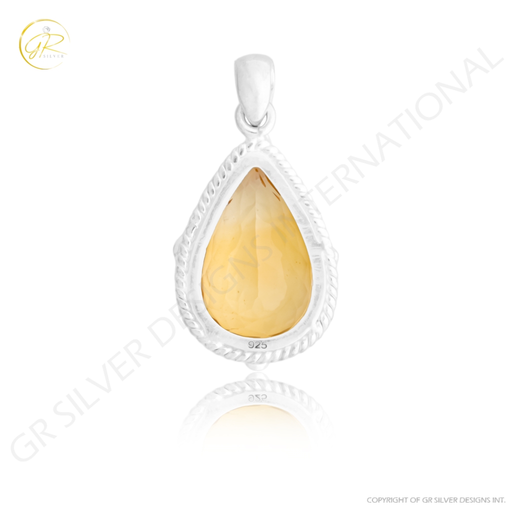 Natural Citrine November Birthstone Teardrop Sterling Silver Pendant