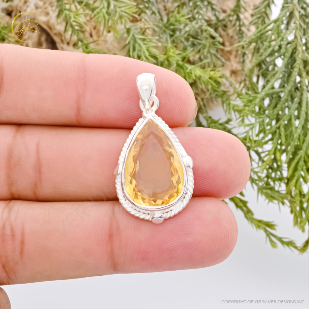 Natural Citrine November Birthstone Teardrop Sterling Silver Pendant