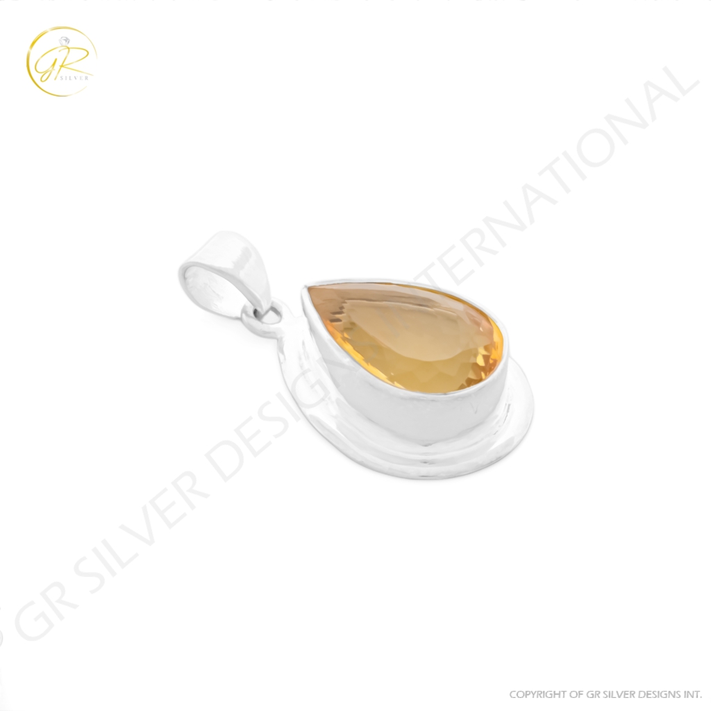 Natural Citrine November Birthstone Teardrop Sterling Silver Pendant