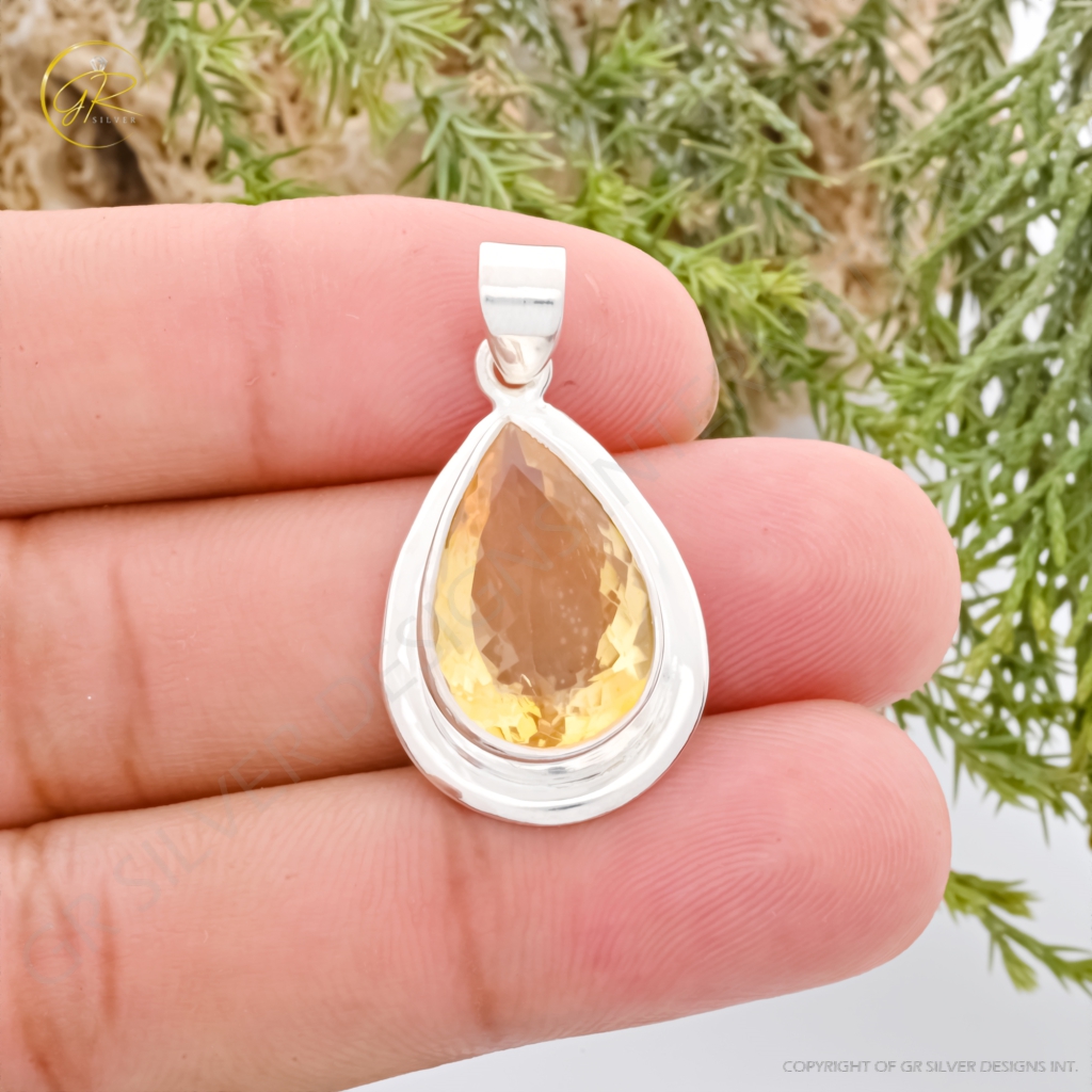 Natural Citrine November Birthstone Teardrop Sterling Silver Pendant