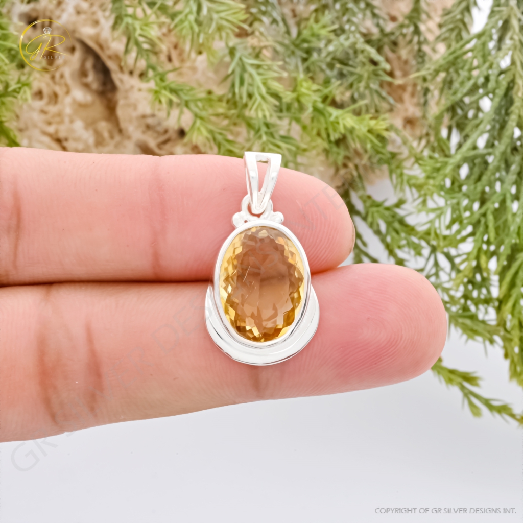 Natural Citrine November Birthstone Oval Sterling Silver Pendant