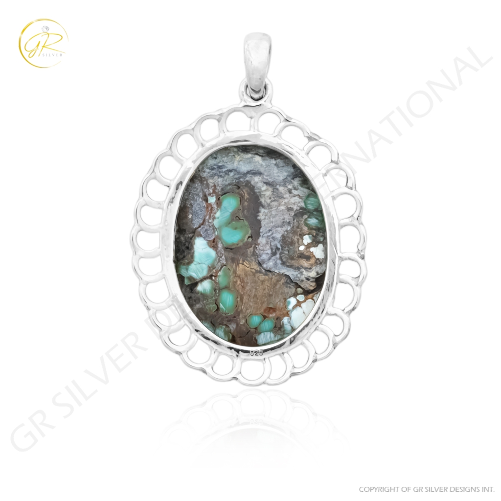 Blue Turquoise Gemstone Sterling Silver Pendant Necklace