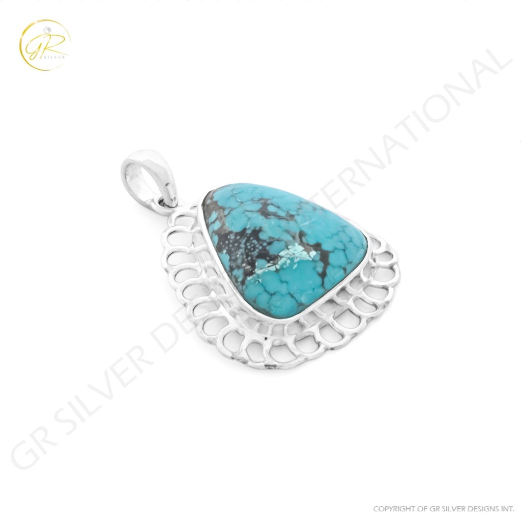 Blue Turquoise Cabochon Sterling Silver Women Pendant Necklace