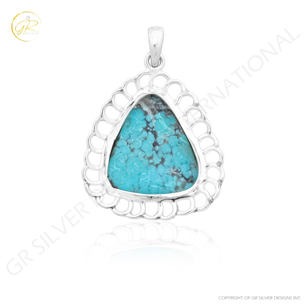 Blue Turquoise Cabochon Sterling Silver Women Pendant Necklace