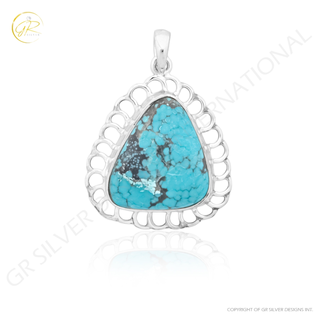 Blue Turquoise Cabochon Sterling Silver Women Pendant Necklace