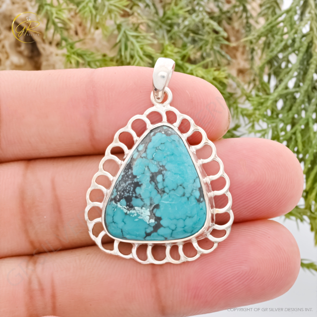 Blue Turquoise Cabochon Sterling Silver Women Pendant Necklace