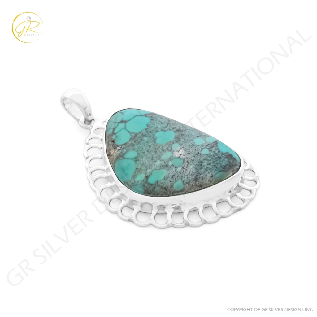 Blue Turquoise Gemstone Sterling Silver Pendant Necklace