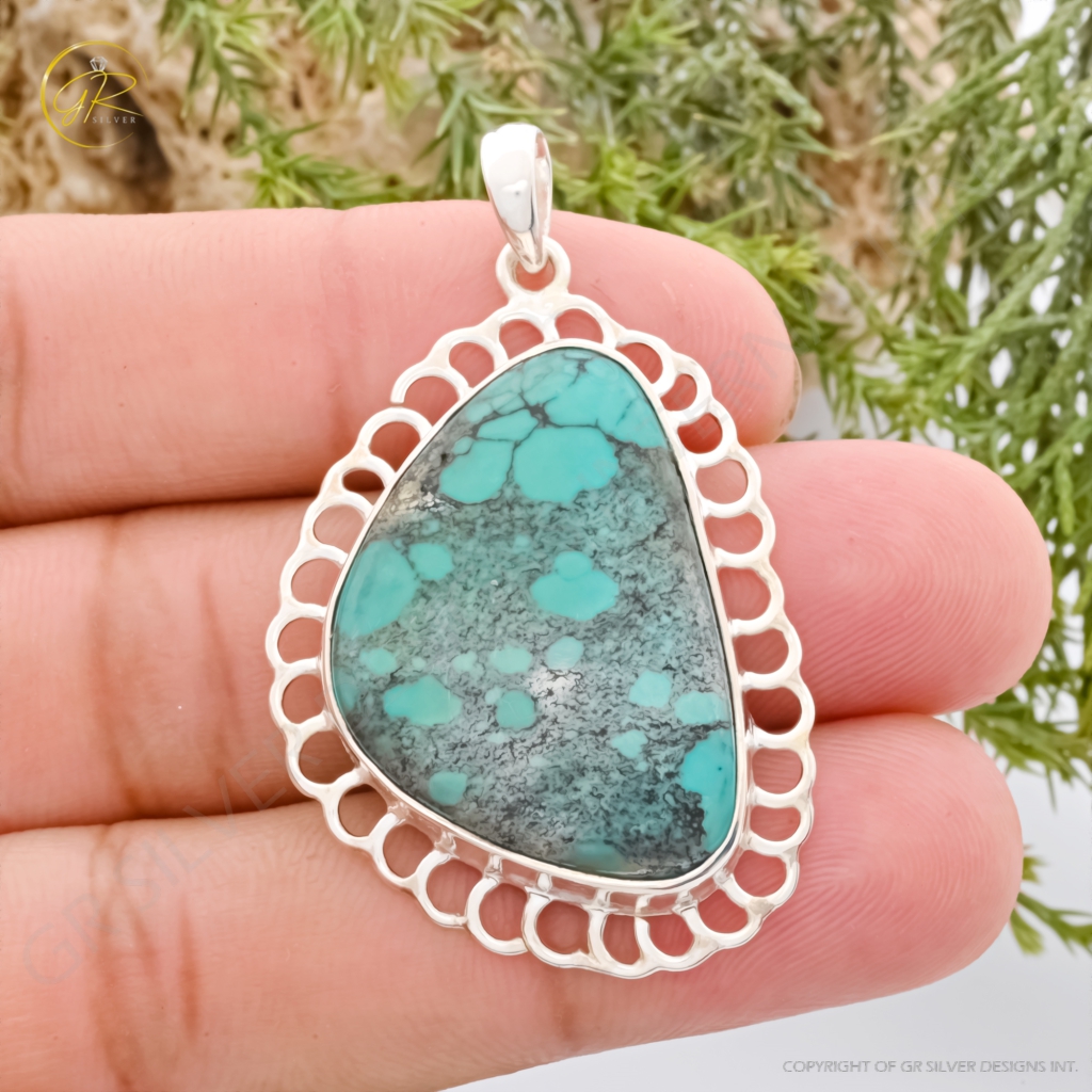 Blue Turquoise Gemstone Sterling Silver Pendant Necklace