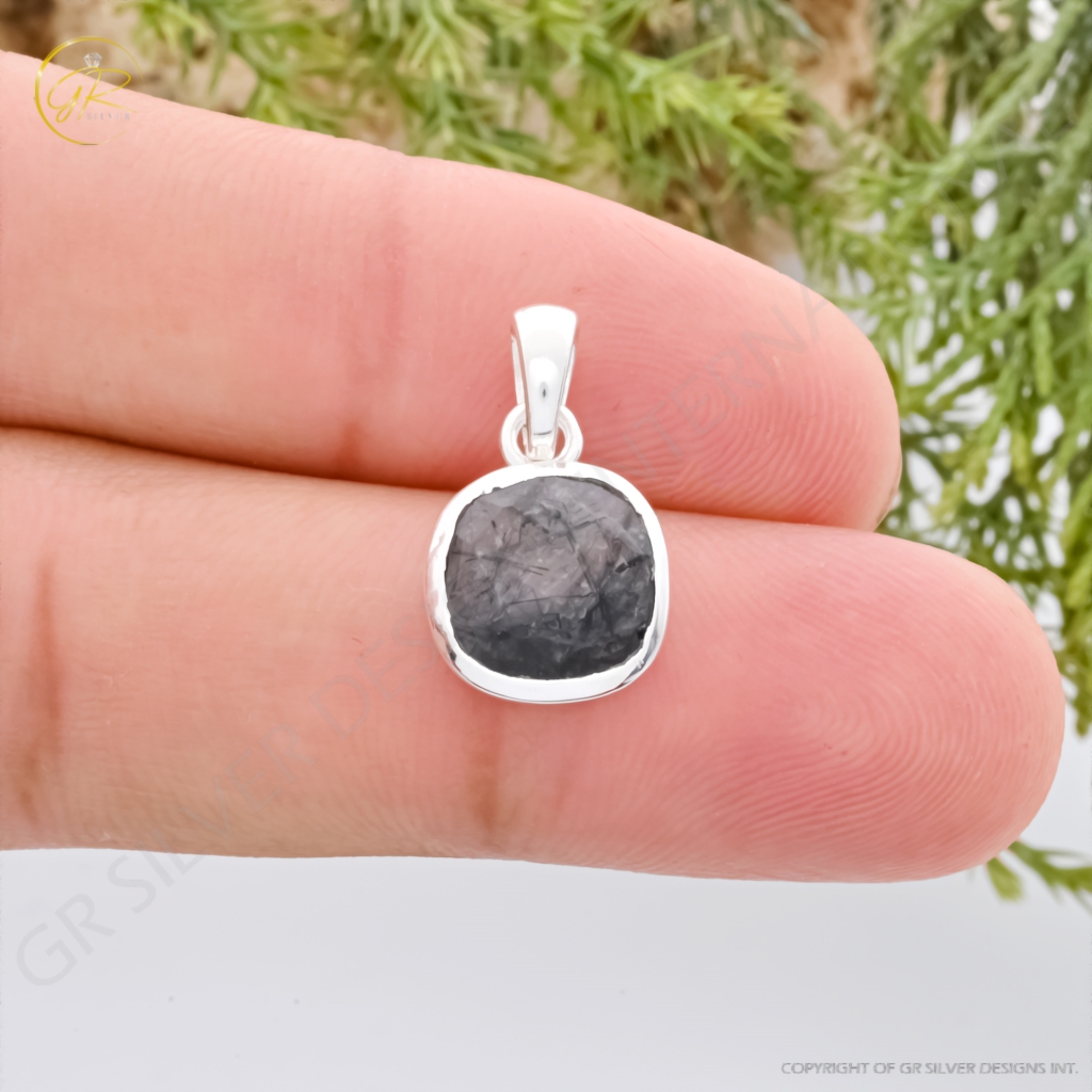 Natural Black Rutile Quartz April Birthstone Sterling Silver Pendant