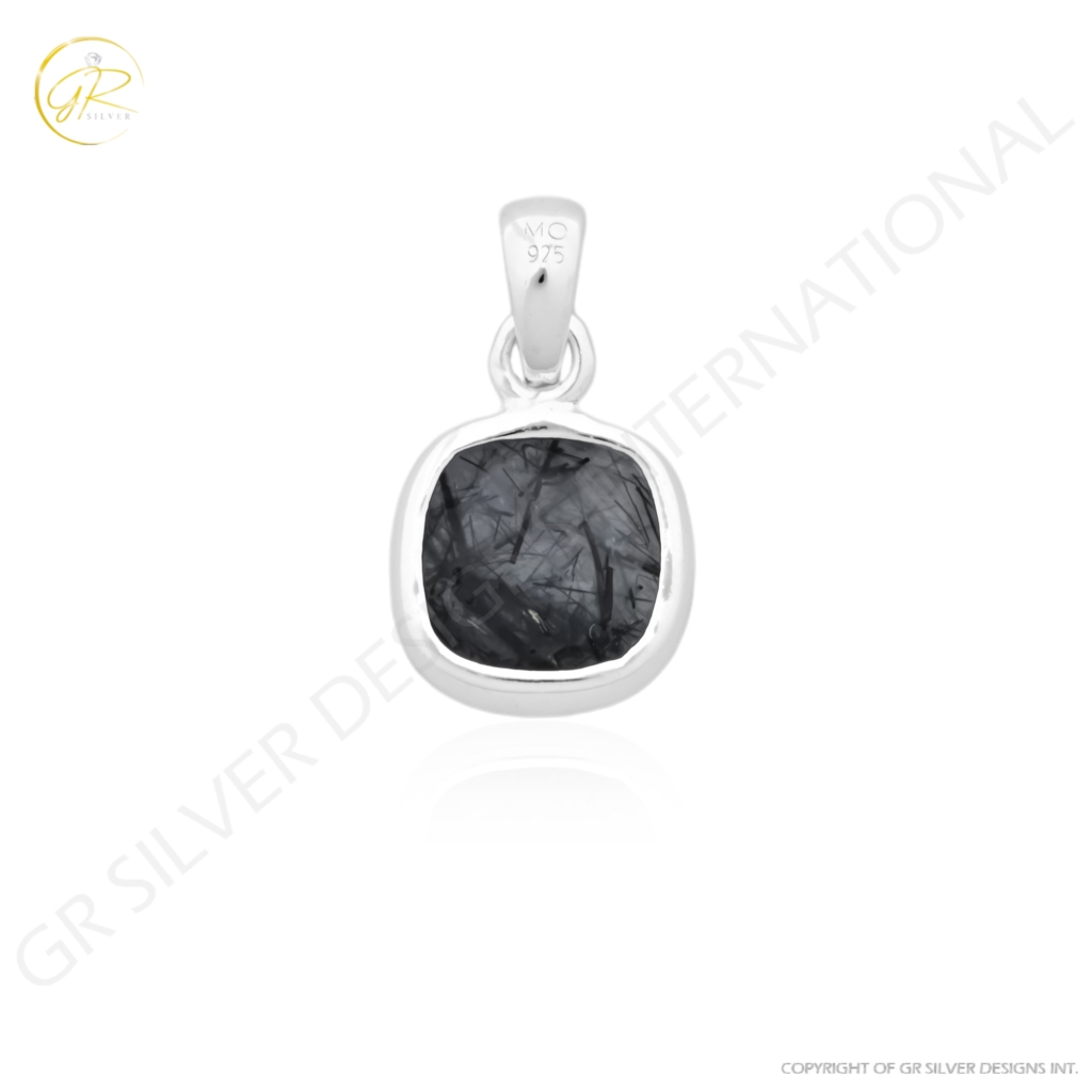 Natural Black Rutile Quartz April Birthstone Sterling Silver Pendant