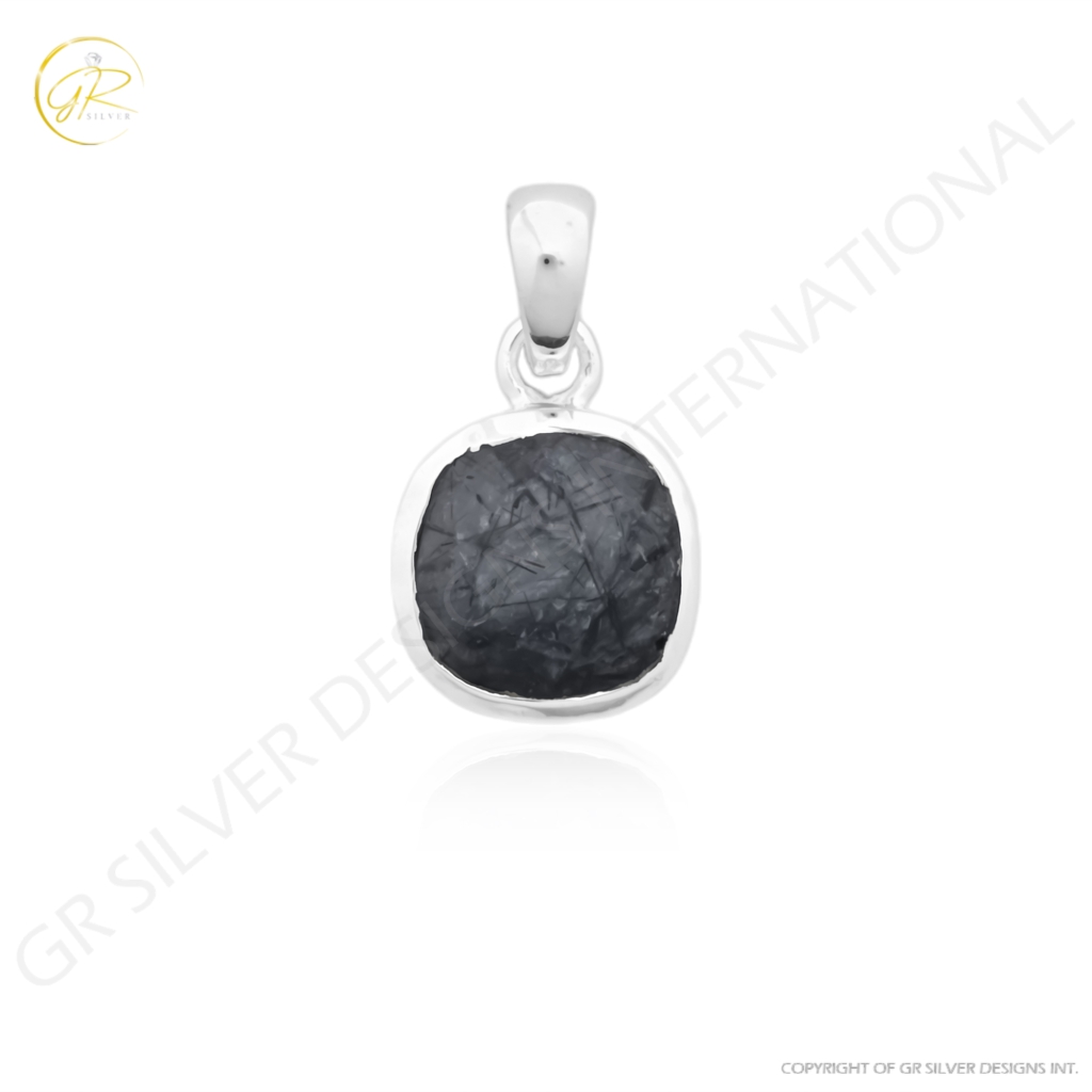 Natural Black Rutile Quartz April Birthstone Sterling Silver Pendant