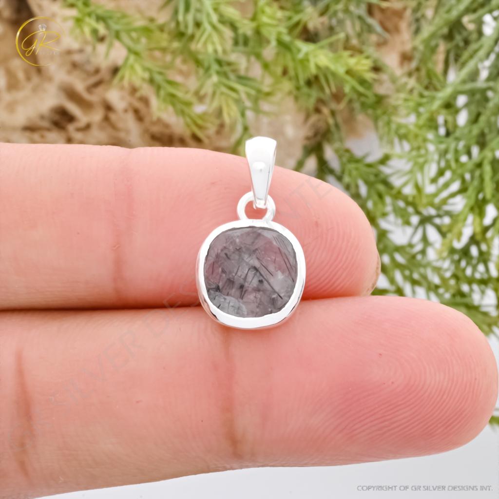 Natural Black Rutile Quartz April Birthstone Sterling Silver Pendant