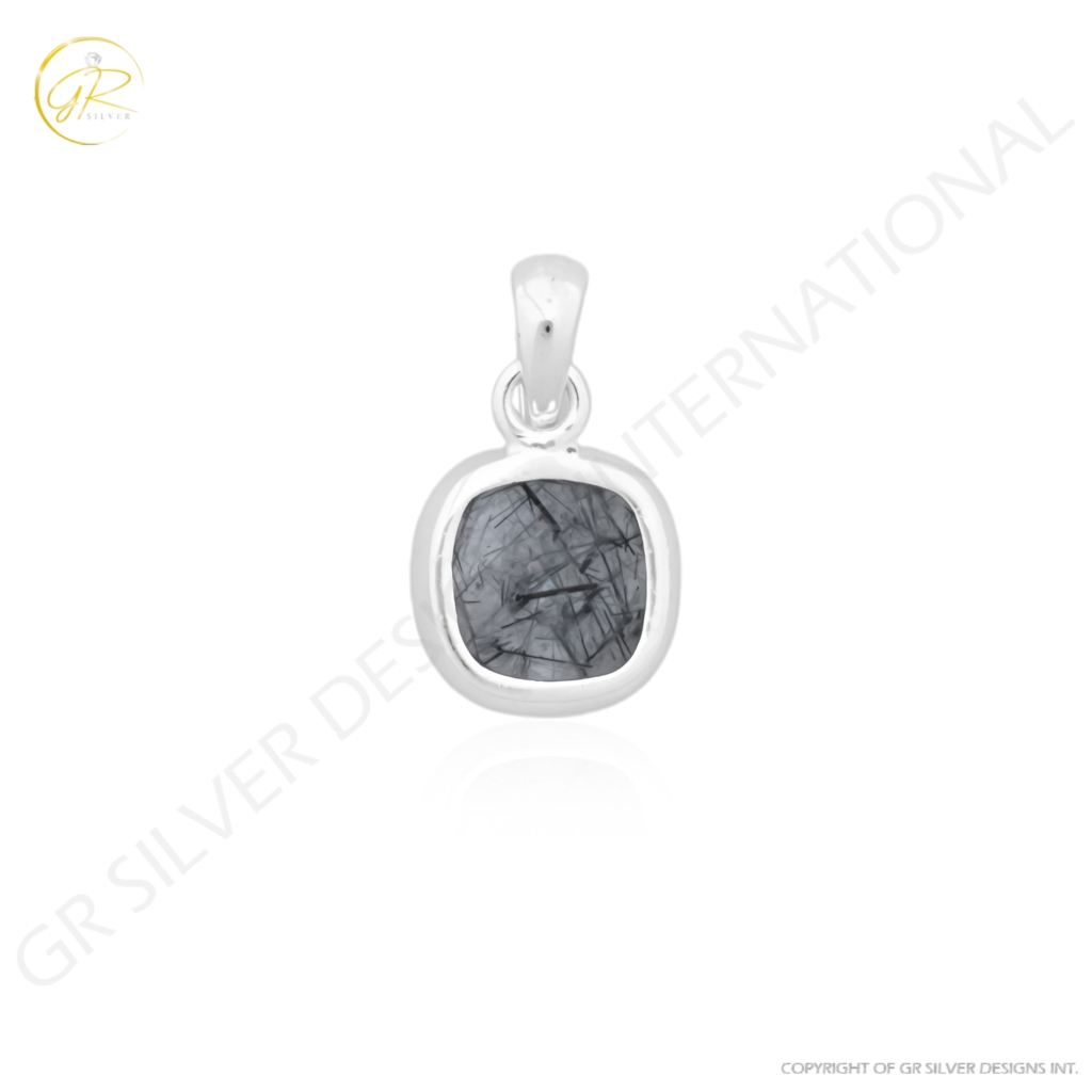 Natural Black Rutile Quartz April Birthstone Sterling Silver Pendant