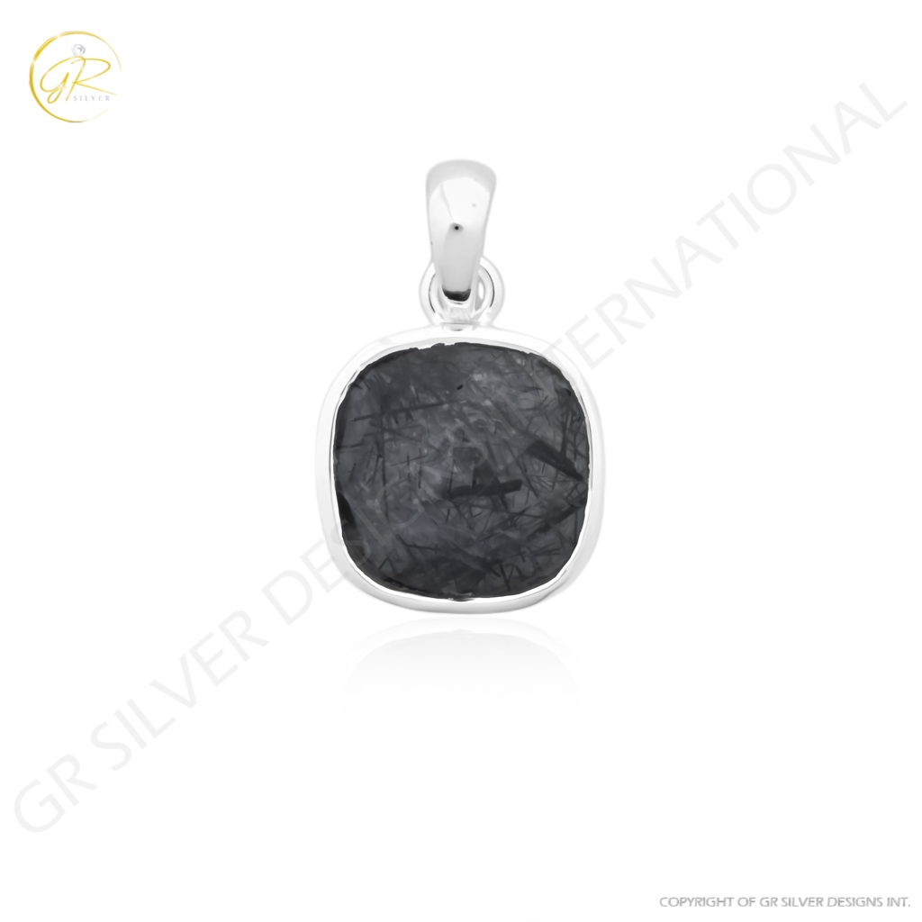 Natural Black Rutile Quartz April Birthstone Cushion Sterling Silver Pendant