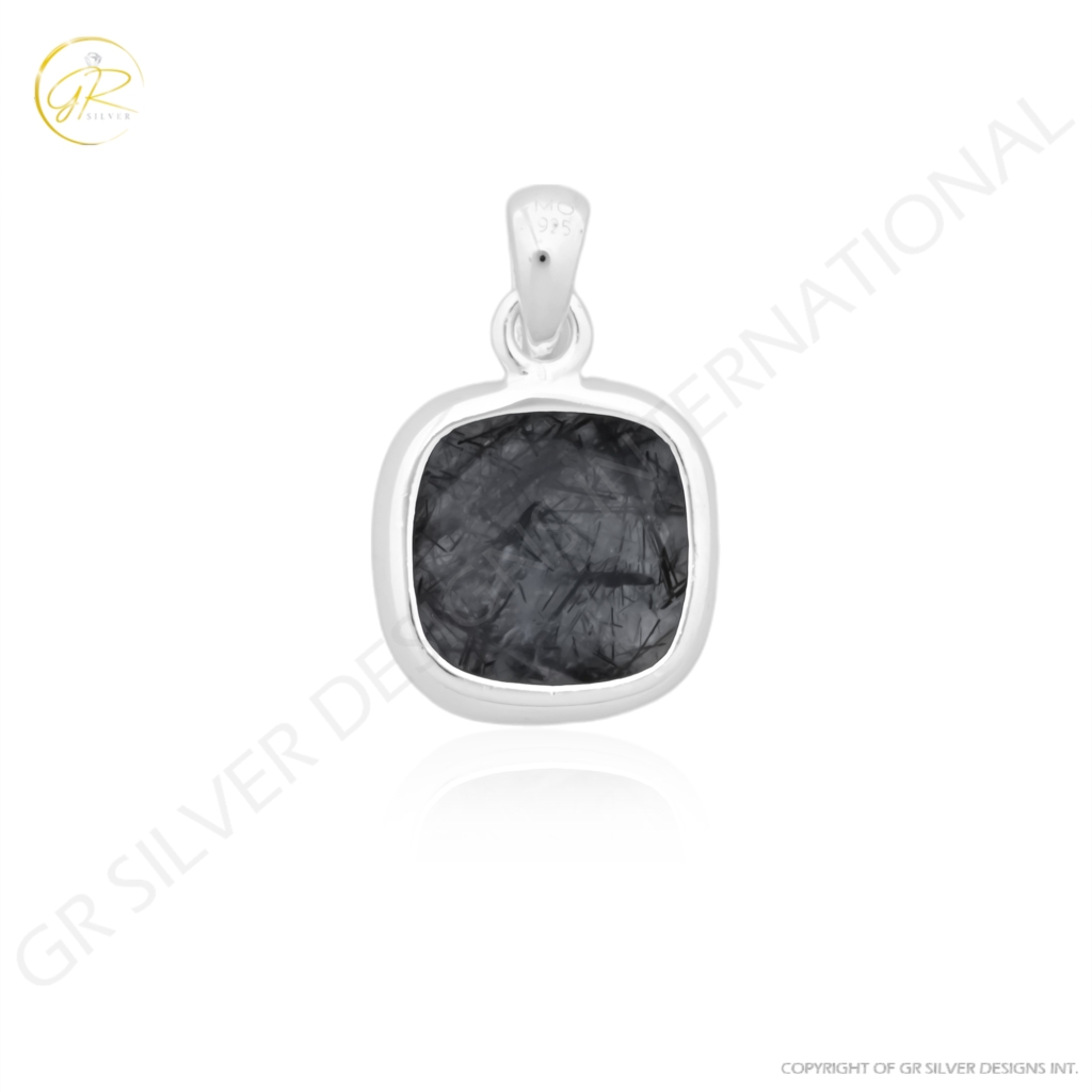 Natural Black Rutile Quartz April Birthstone Cushion Sterling Silver Pendant