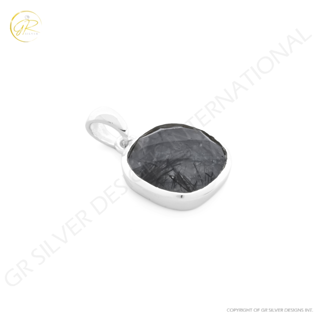 Natural Black Rutile Quartz April Birthstone Cushion Sterling Silver Pendant