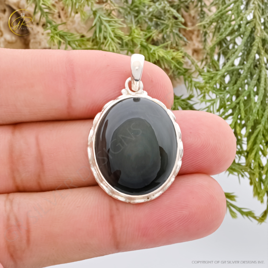 Natural Rainbow Obsidian November Birthstone Sterling Silver Pendant