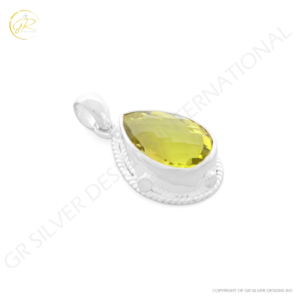 Natural Lemon Quartz February Birthstone Sterling Silver Pendant