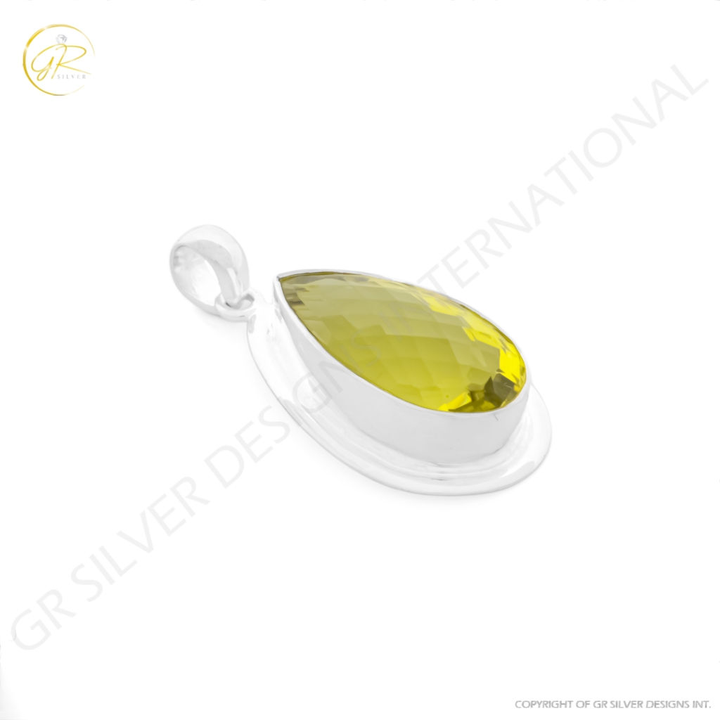 Natural Lemon Quartz February Birthstone Sterling Silver Pendant