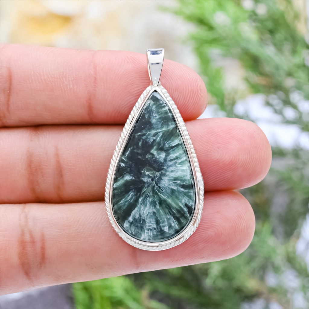 Green Seraphinite Pear Cabochon Sterling Silver Women Pendant