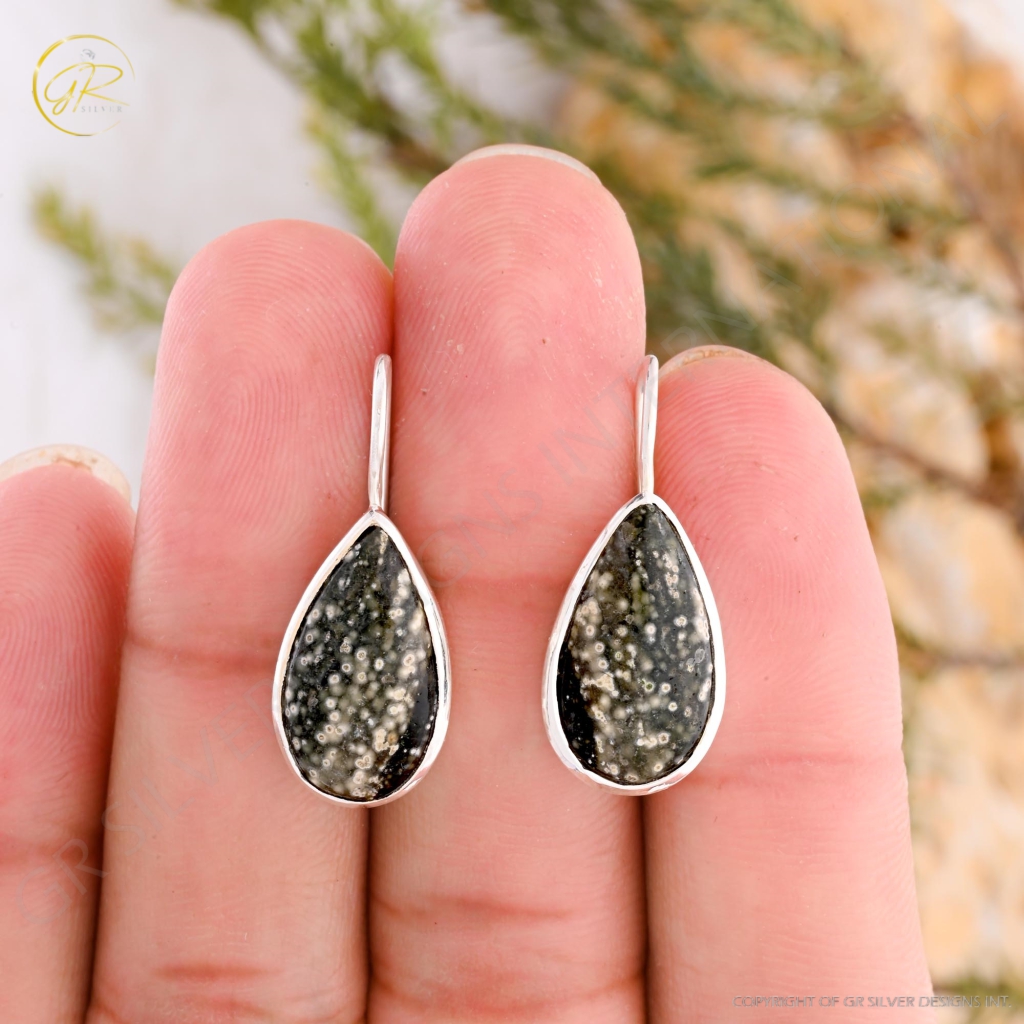 Natural Ocean Jasper Pear Shape Dangle Sterling Silver Women Earring