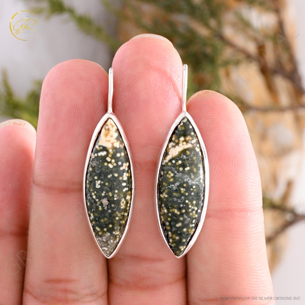 Natural Ocean Jasper Marquise Shape Dangle Sterling Silver Women Earrings