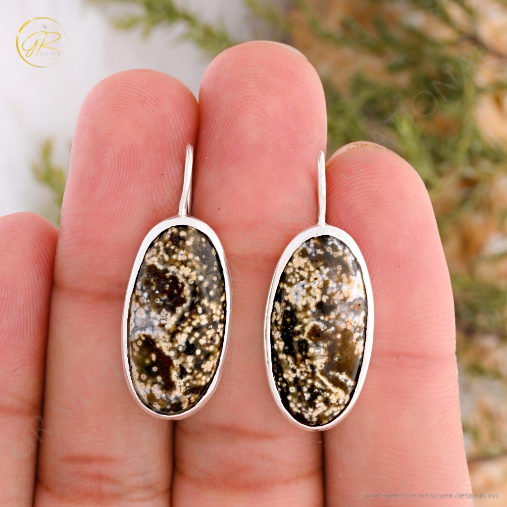 Natural Ocean Jasper Oval Shape Dangle Sterling Silver Women Earring