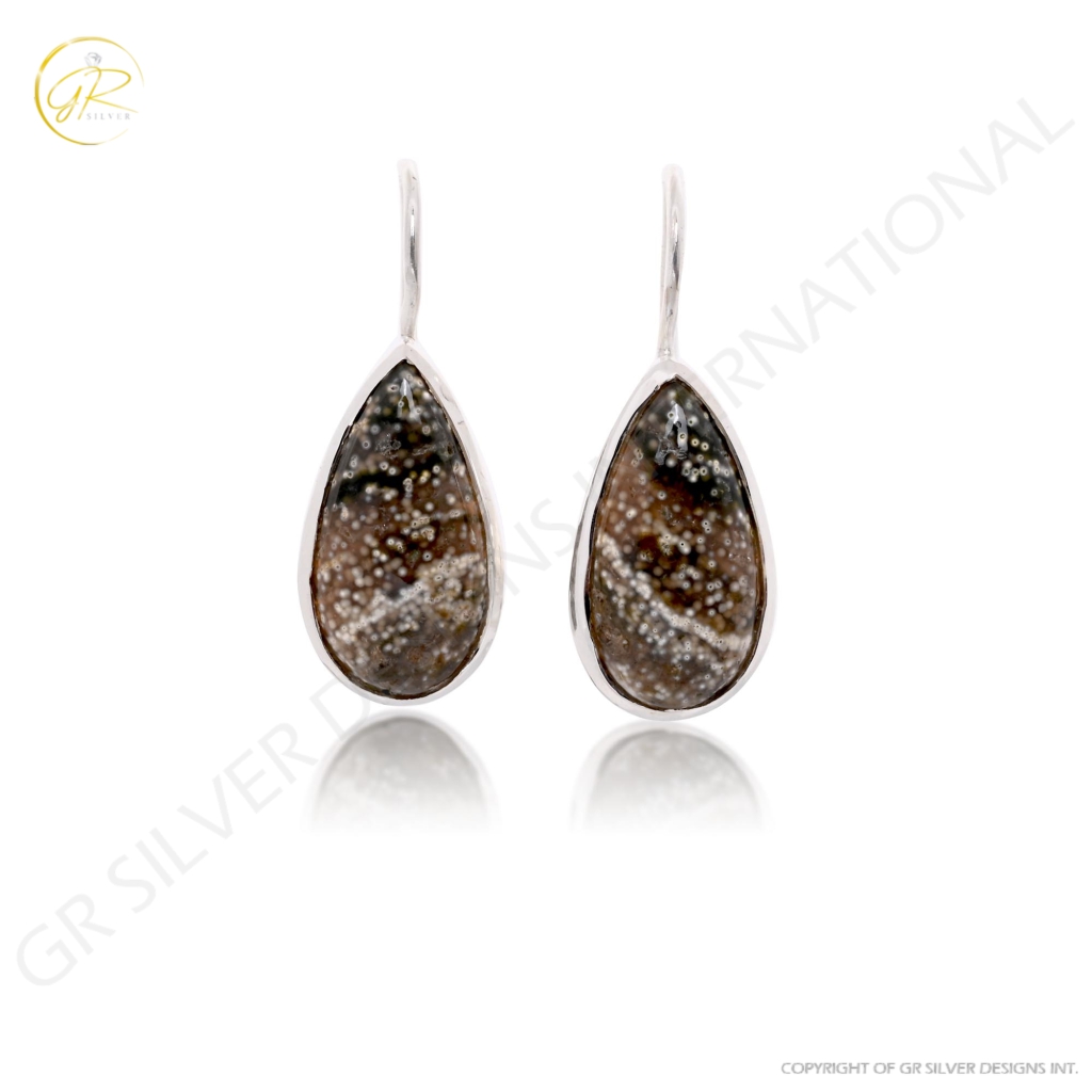 Natural Ocean Jasper Pear Shape Dangle Sterling Silver Women Earring