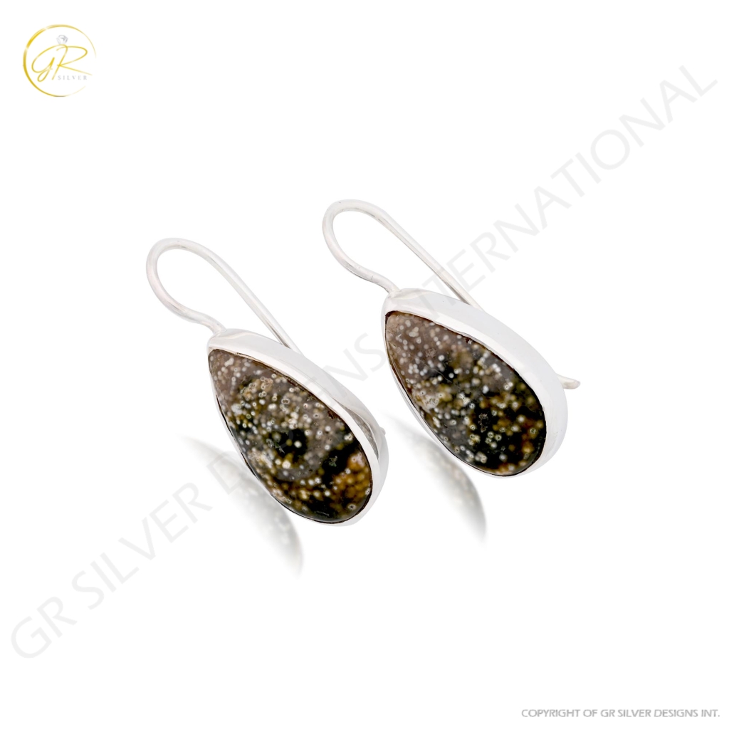 Natural Ocean Jasper Pear Shape Dangle Sterling Silver Women Earrings