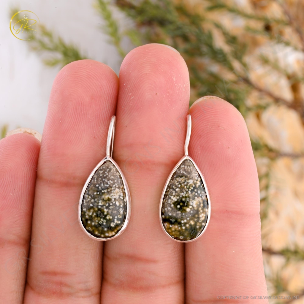 Natural Ocean Jasper Pear Shape Dangle Sterling Silver Women Earrings