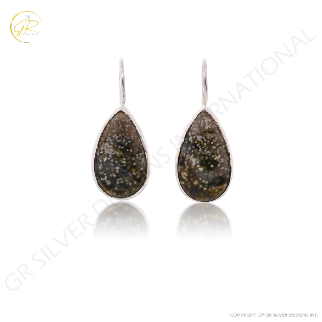 Natural Ocean Jasper Pear Shape Dangle Sterling Silver Women Earrings