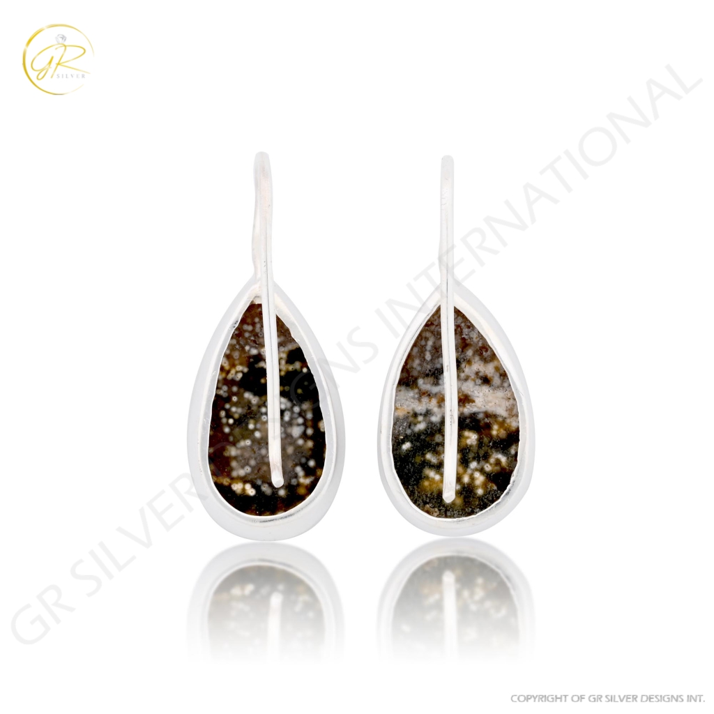 Natural Ocean Jasper Pear Shape Dangle Sterling Silver Women Earrings