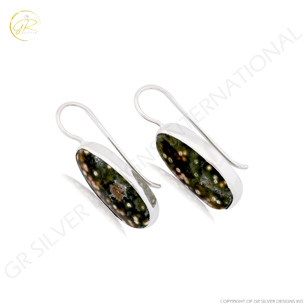 Natural Ocean Jasper Oval Shape Dangle Sterling Silver Women Earring