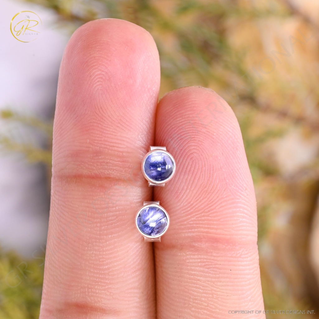 Natural Tanzanite Birthstone Sterling Silver Round Studs Earrings