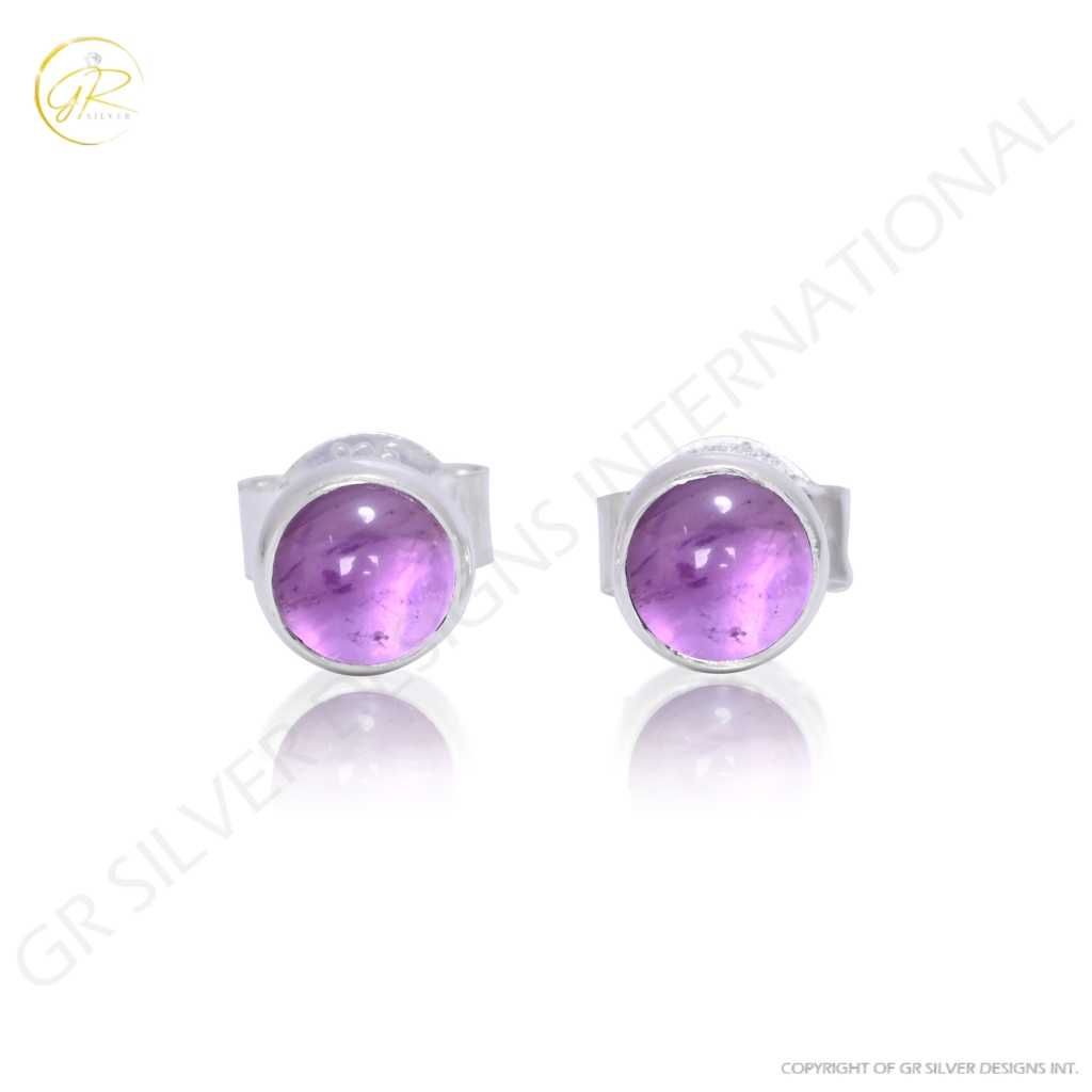 Natural Amethyst Birthstone Sterling Silver Round Studs Earrings