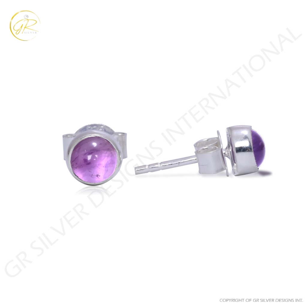 Natural Amethyst Birthstone Sterling Silver Round Studs Earrings