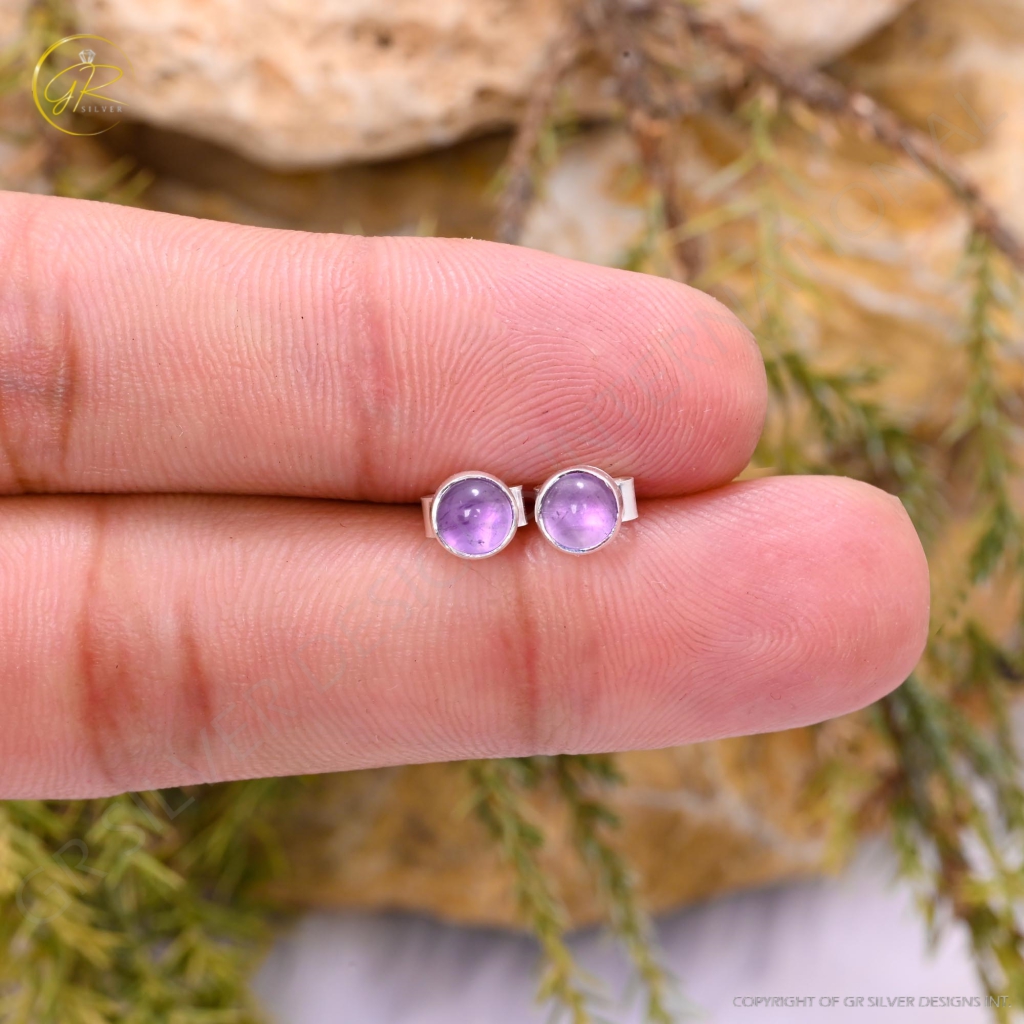 Natural Amethyst Birthstone Sterling Silver Round Studs Earrings