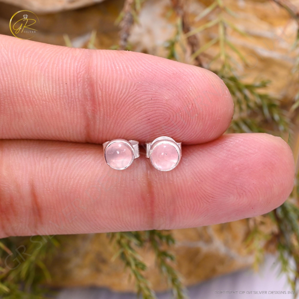 Natural Rose Quartz  Birthstone Sterling Silver Round Studs Earrings