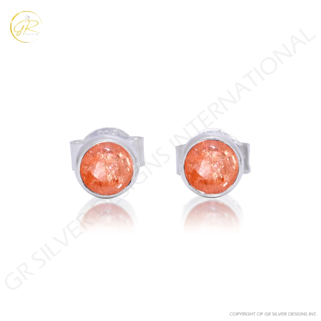 Natural SunStone  Birthstone Sterling Silver Round Studs Earrings