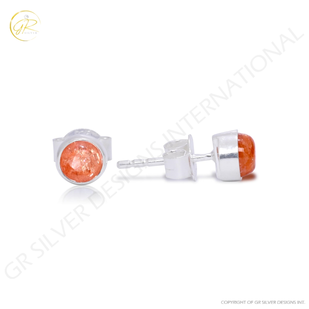 Natural SunStone  Birthstone Sterling Silver Round Studs Earrings