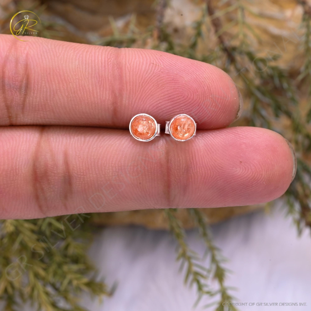 Natural SunStone  Birthstone Sterling Silver Round Studs Earrings