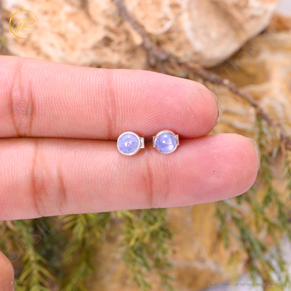 Natural Iolite Birthstone Sterling Silver Round Studs Earrings