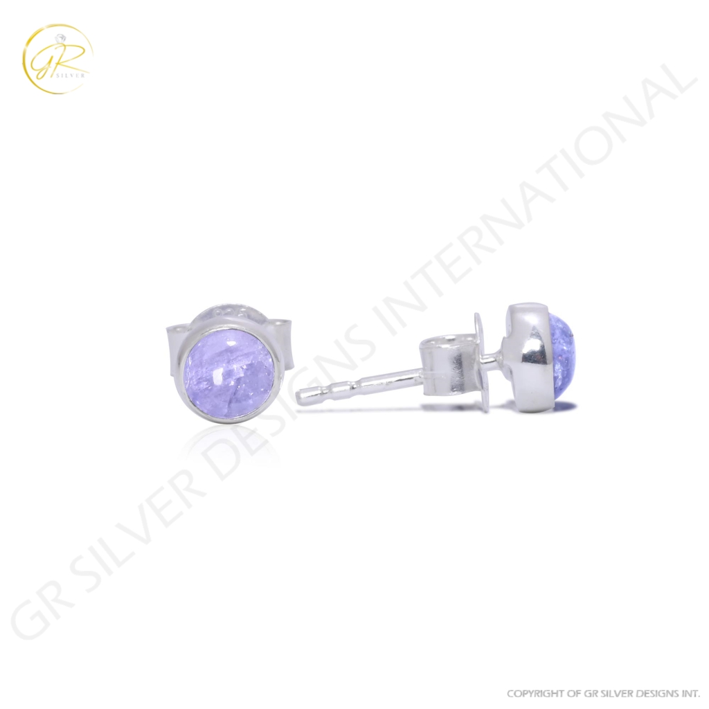 Natural Iolite Birthstone Sterling Silver Round Studs Earrings