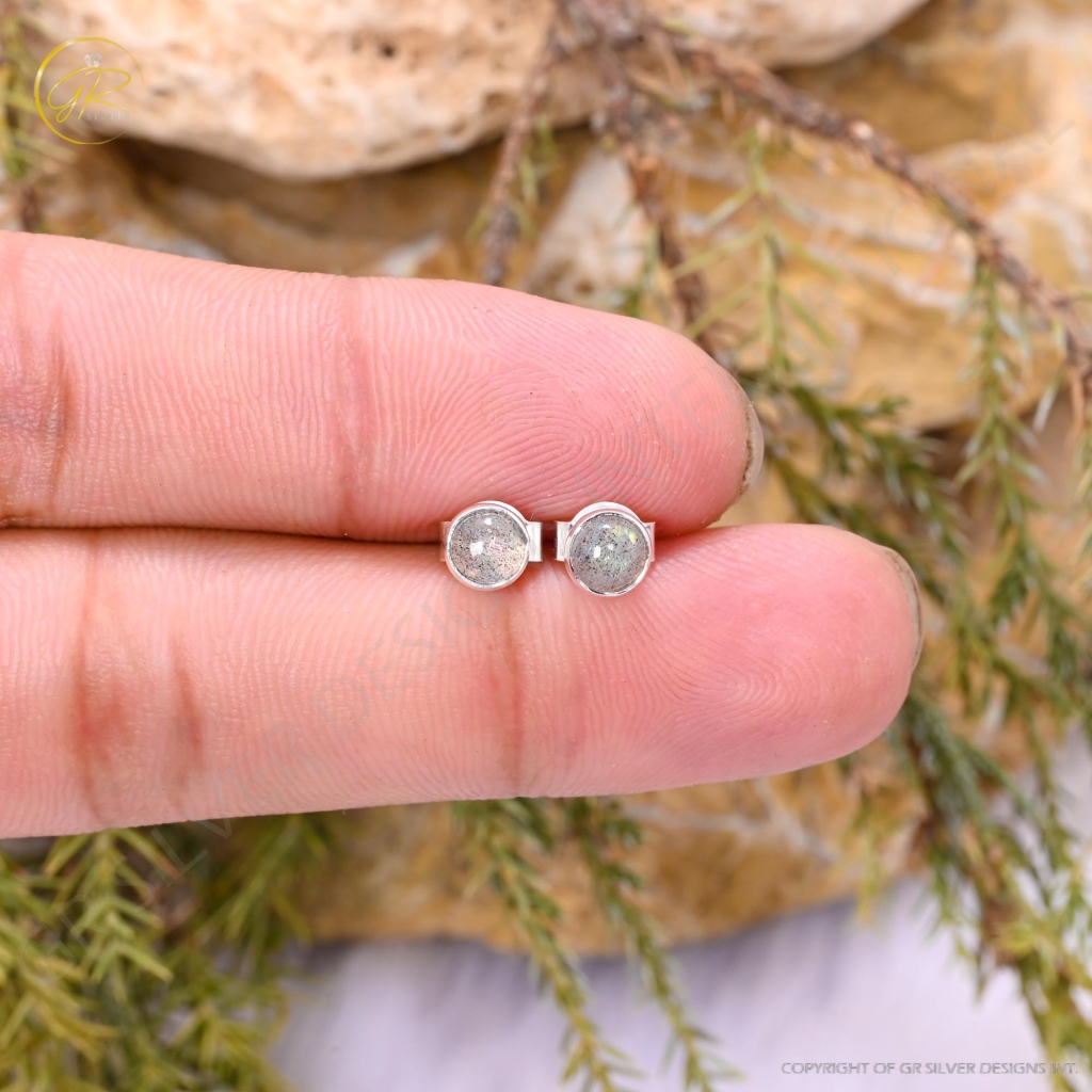 Natural Labradorite Birthstone Sterling Silver Round Studs Earrings