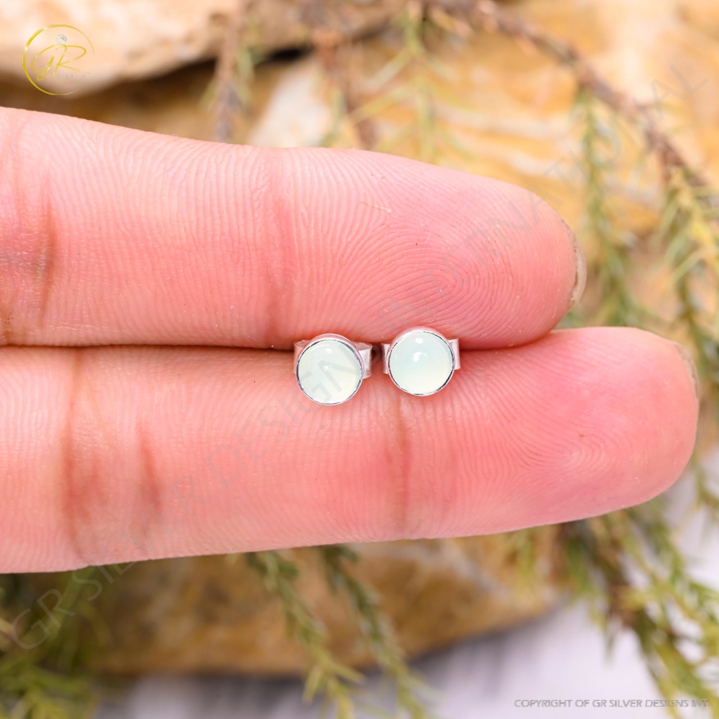 Natural Aquamarine Birthstone Sterling Silver Round Studs Earrings