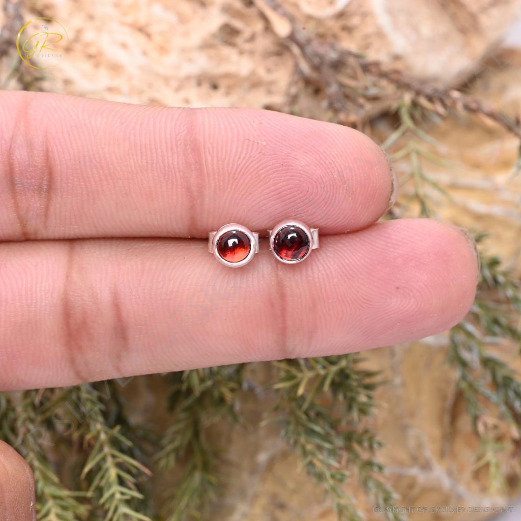 Natural Garnet Birthstone Sterling Silver Round Studs Earrings