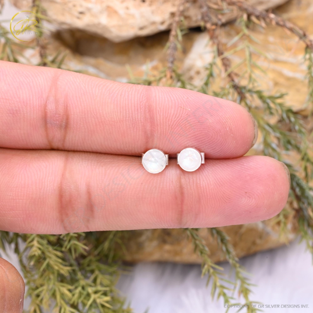 Natural Rainbow Moonstone Birthstone Sterling Silver Round Studs Earrings