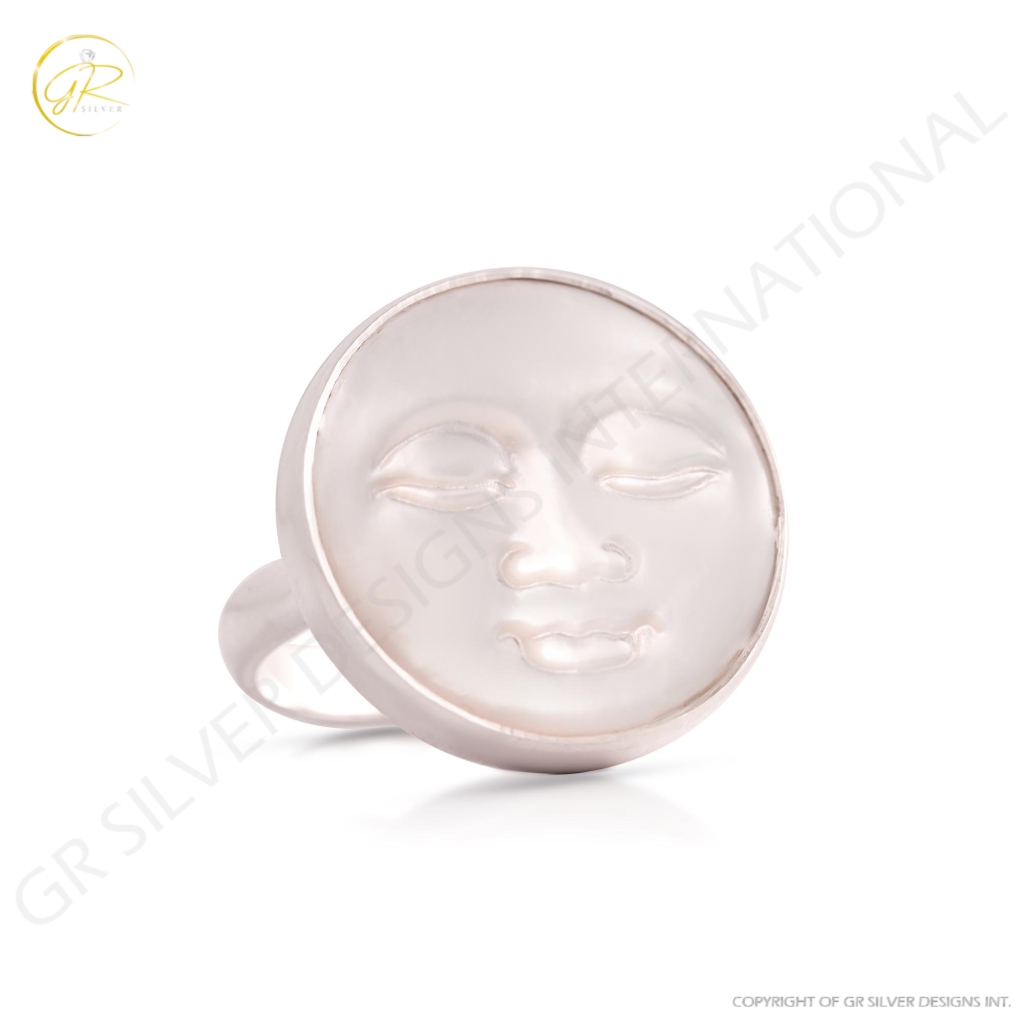 Natural Mother of Pearl Face Carving Sterling Silver Ring For Women